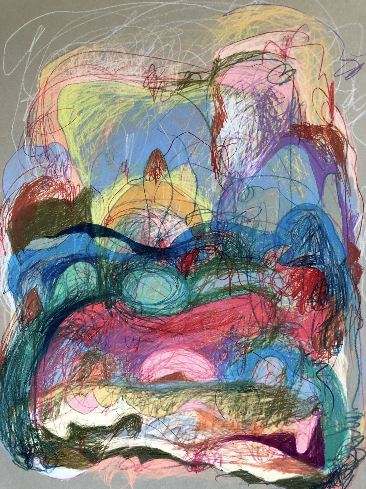 Landschaft abstrakt auf gr&uuml;nem Papier (2023) Buntstift und Wachskreide, DinA2  (Bild vergr&ouml;&szlig;ern)
