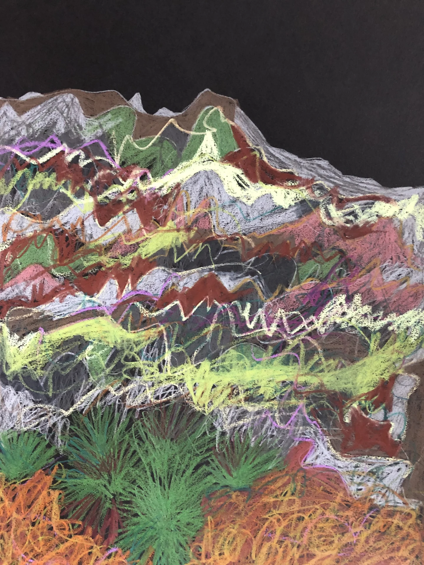 Skizze Mallorca Landschaft auf schwarzem Papier (2023) Wachskreide auf Papier, DinA3  (Bild vergr&ouml;&szlig;ern)