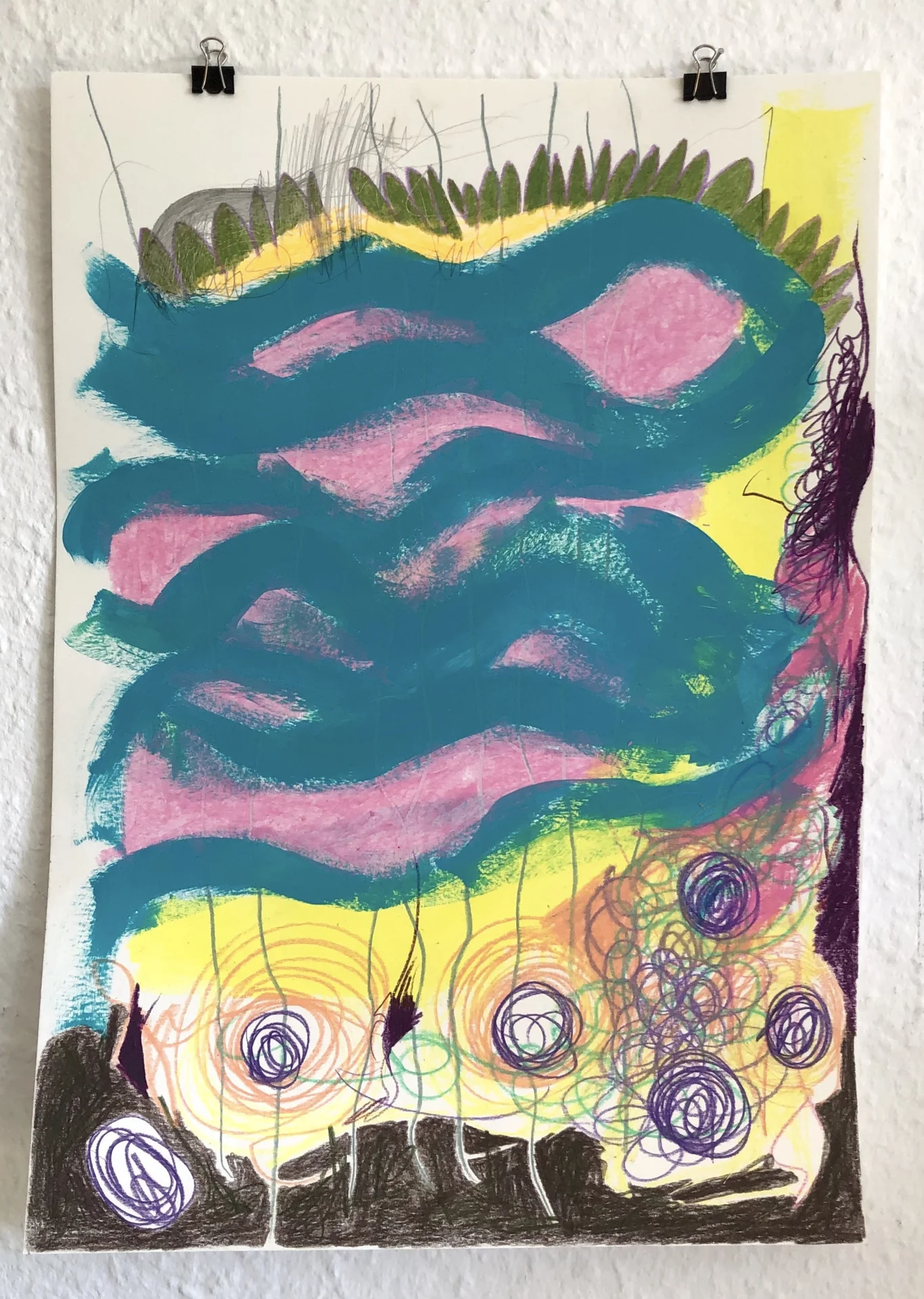 BIld mit Wellen (2022) 100 days of drawaing, Acryl und Buntstift auf Papier, DinA3  (Bild vergr&ouml;&szlig;ern)