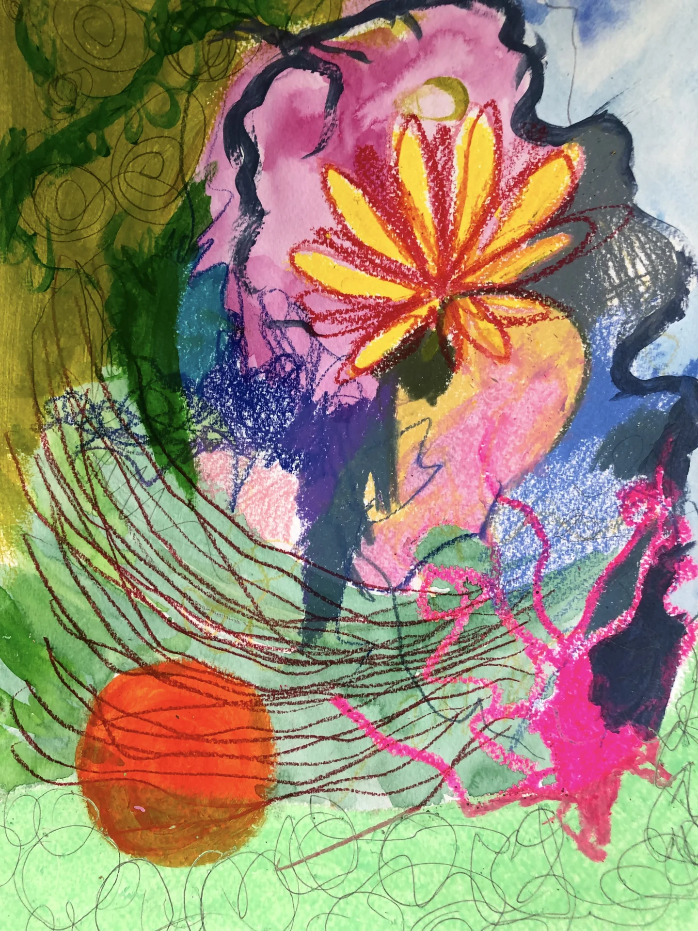 Bild mit Blumen (2021) Acryl, &Ouml;lkreide und Buntstift auf Aquarellpapier, ca  30x40cm  (Bild vergr&ouml;&szlig;ern)
