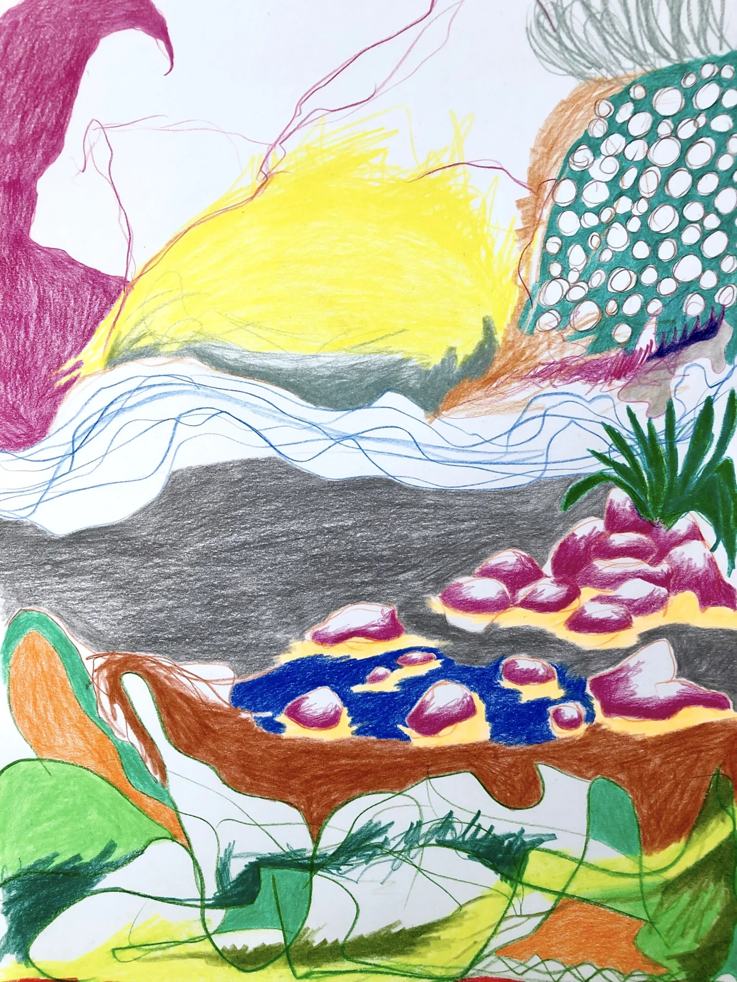 Landschaft mit pinken Steinen (2022) Buntstift auf Papier, DinA3  (Bild vergr&ouml;&szlig;ern)