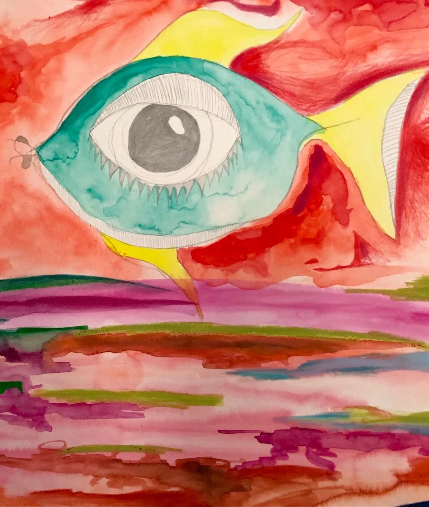 "Wie ein Fisch im Wasser" (2019) Buntstift, Bleistift und Aquarell auf Papier 50x70cm  (Bild vergr&ouml;&szlig;ern)