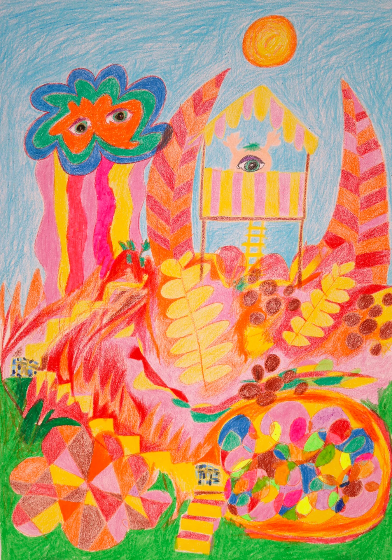 Aussichtspunkt am Vier Boitzenburg (2016) Wachskreide und Buntstift auf Papier, DinA2  (Bild vergr&ouml;&szlig;ern)
