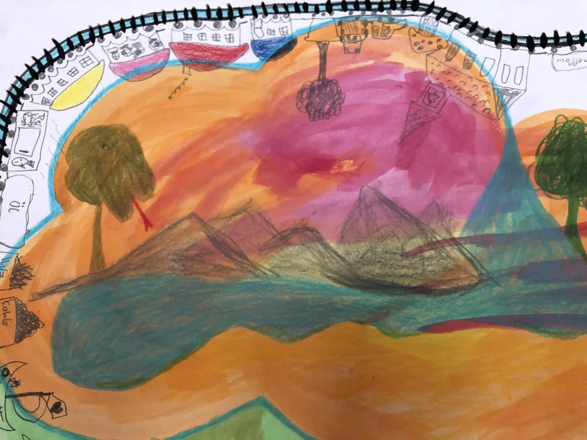 Auschnitt aus Kindliche Skitte mit Landschaft und Eisenbahn (2013) Buntstift, Bleistigt und Tusche auf Papier, DinA2  (Bild vergr&ouml;&szlig;ern)