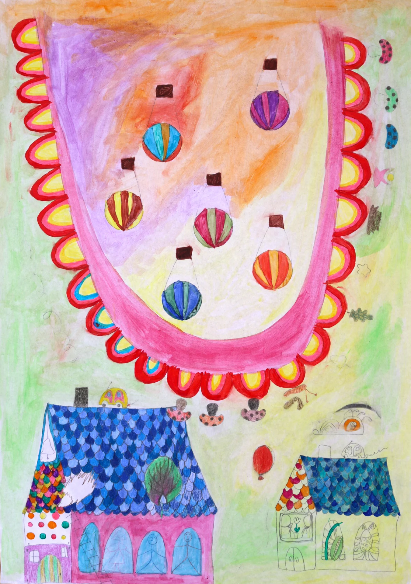 H&auml;user, Hei&szlig;luftballons und Igel (2013) Buntstift, Tusche und Bleistift auf Papier, DinA2  (Bild vergr&ouml;&szlig;ern)