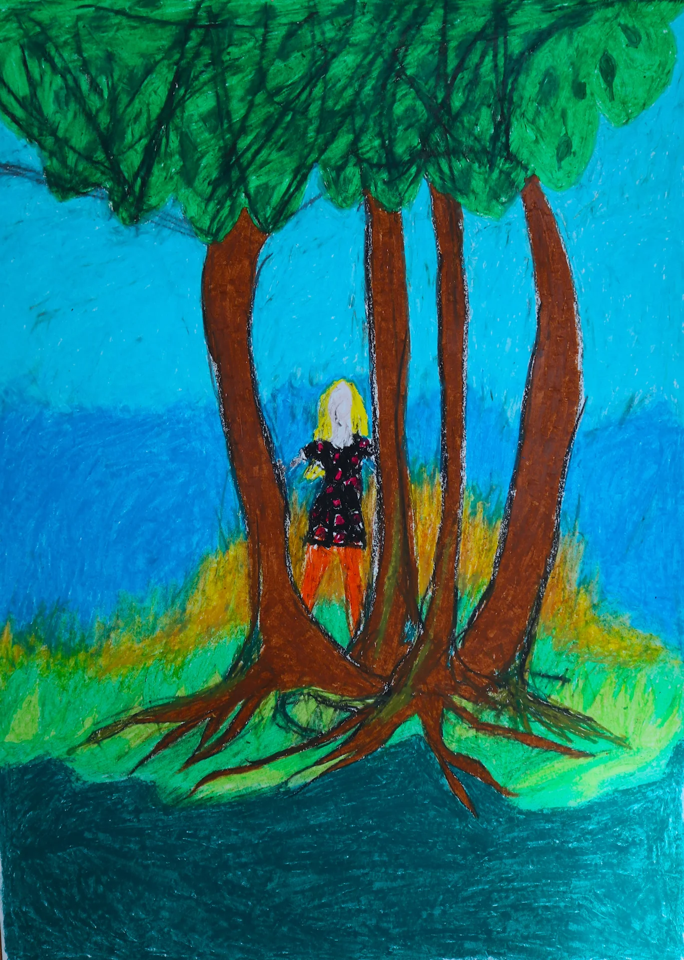 Ich  &auml;ngstlich und sch&uuml;chtern ca  2012 Wachsmalkreide auf Papier, ca  50x70cm  (Bild vergr&ouml;&szlig;ern)