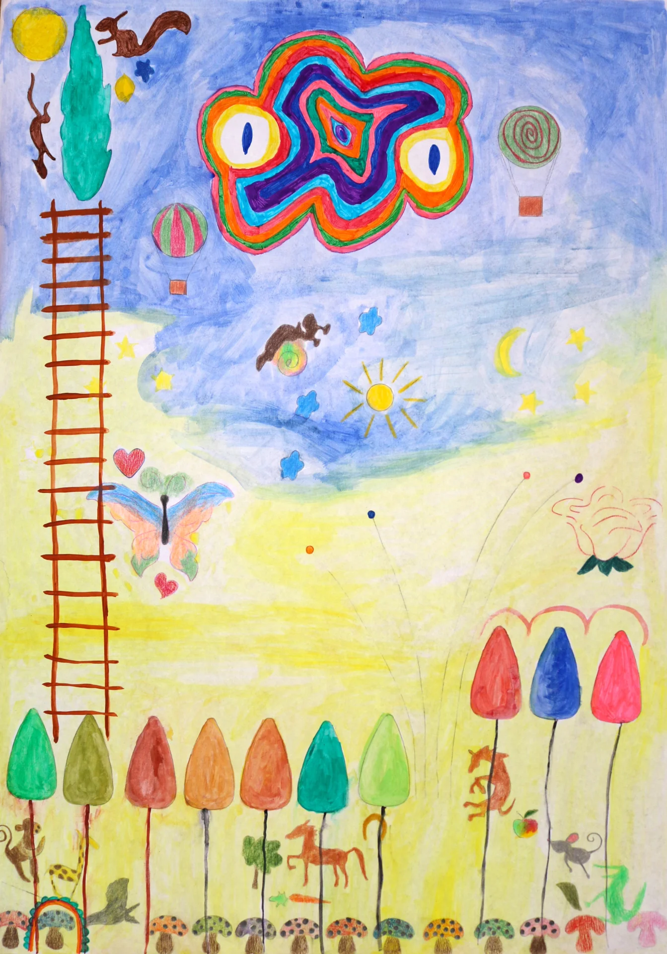 In den Himmel aufsteigen  Schablonenbild und freies Zeichnen (2013) Buntstift, Bleistift und Aquarell auf Papier, DinA2  (Bild vergr&ouml;&szlig;ern)