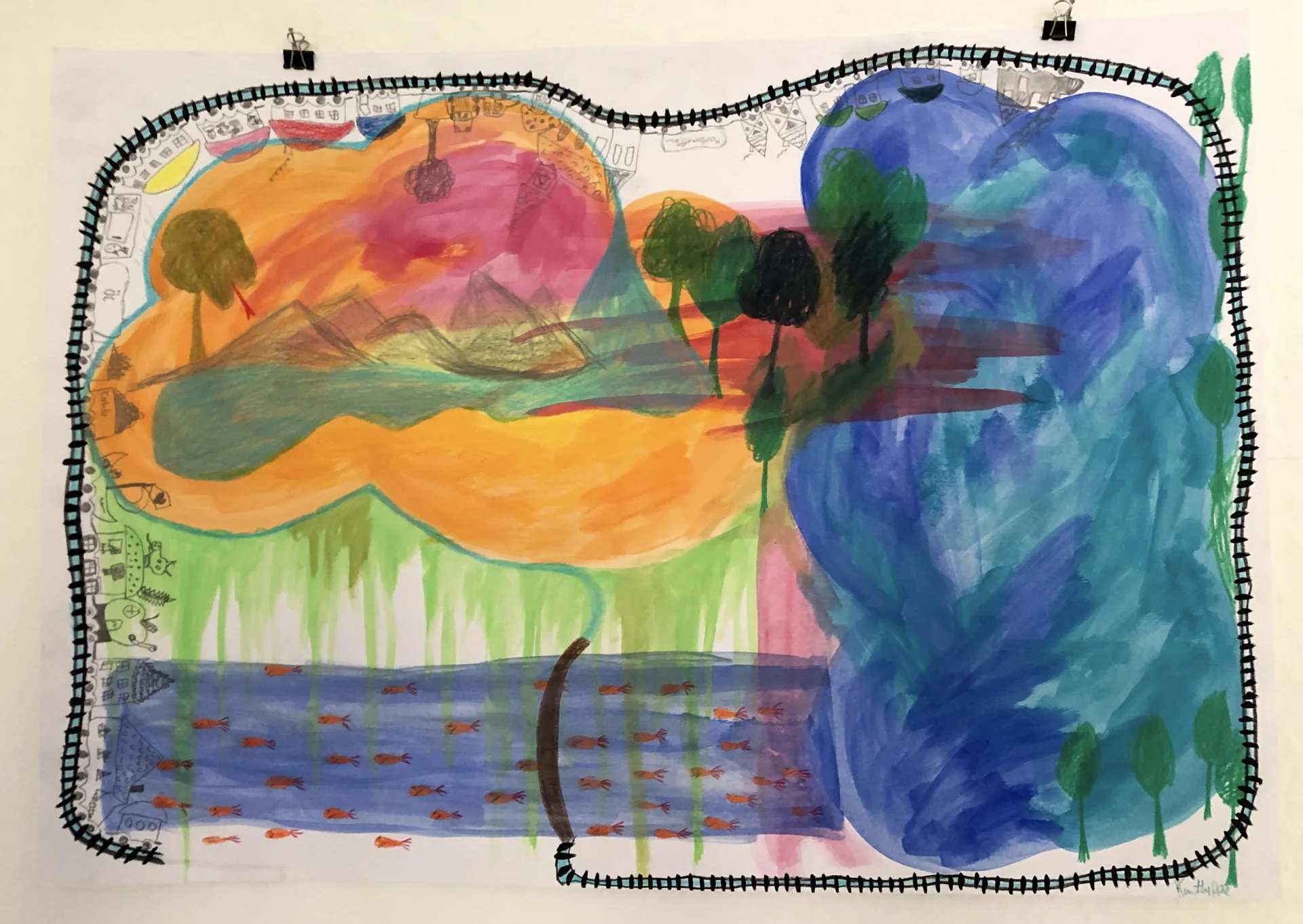 Kindliche Landschaft mit Eisenbahn (2013) Buntstift, Bleistigt und Tusche auf Papier, DinA2  (Bild vergr&ouml;&szlig;ern)