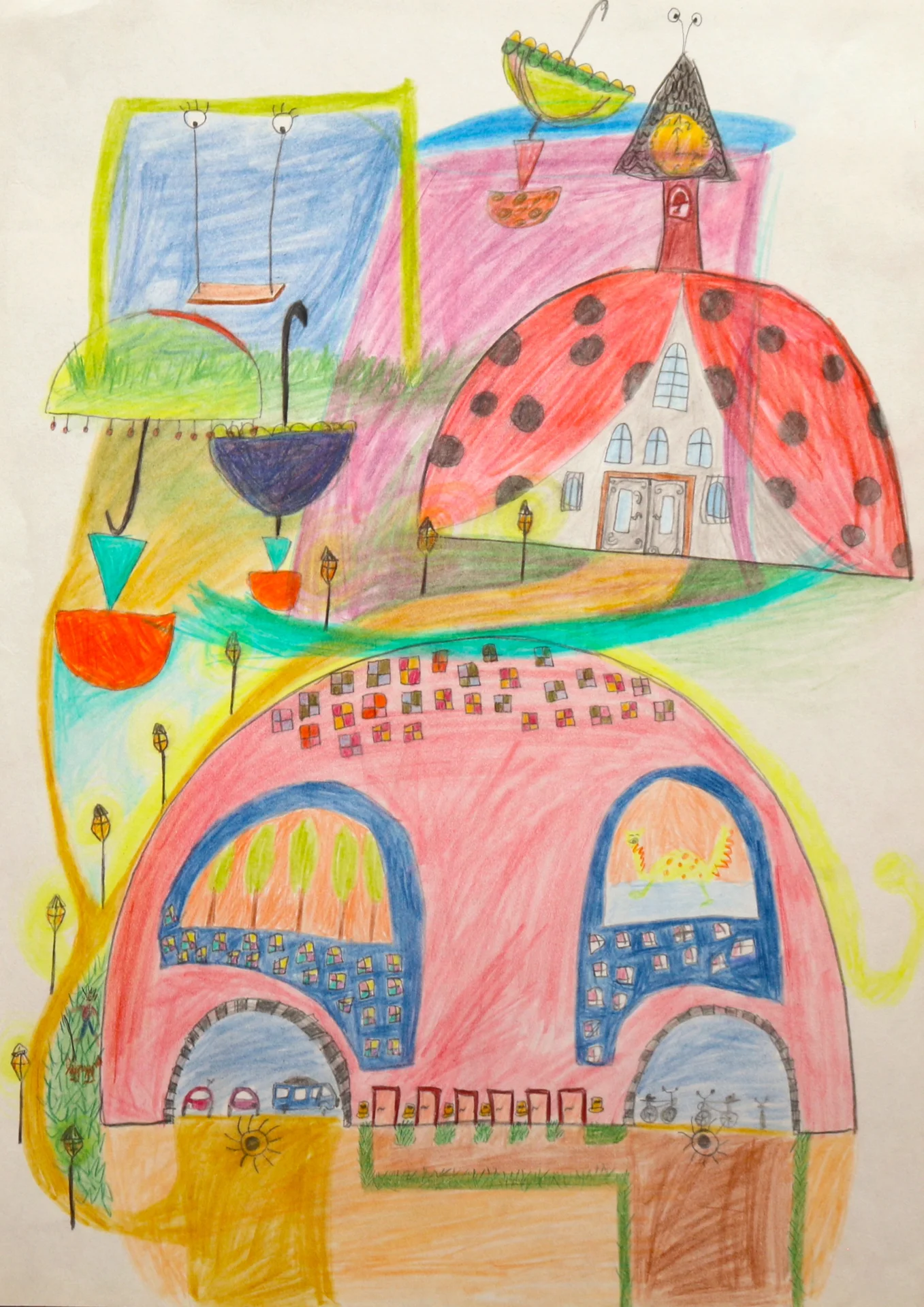 Skizze Marienk&auml;ferh&auml;user (2012) Buntstift auf Papier, DinA3  (Bild vergr&ouml;&szlig;ern)
