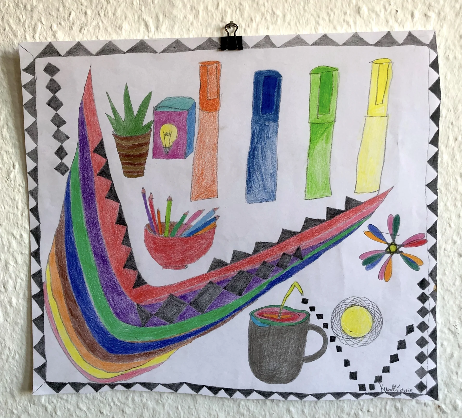 Skizze Schreibstisch B&uuml;routensilien (2013) Buntstift und Bleistift auf Papier, ca  DinA4  (Bild vergr&ouml;&szlig;ern)