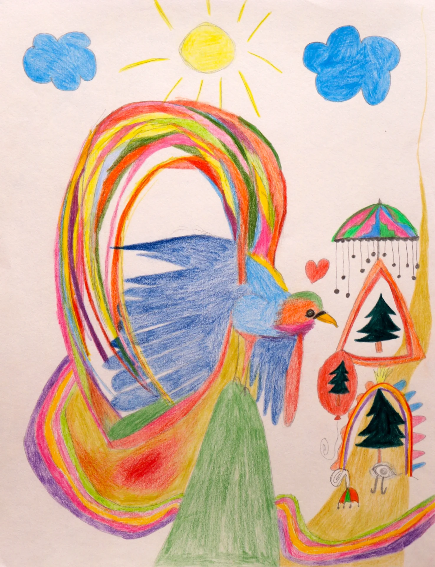 Skizze Vogel, Regenbogen und andere Symbole (2012) Buntstift und Bleisttift auf Papier, ca  30x40cm  (Bild vergr&ouml;&szlig;ern)