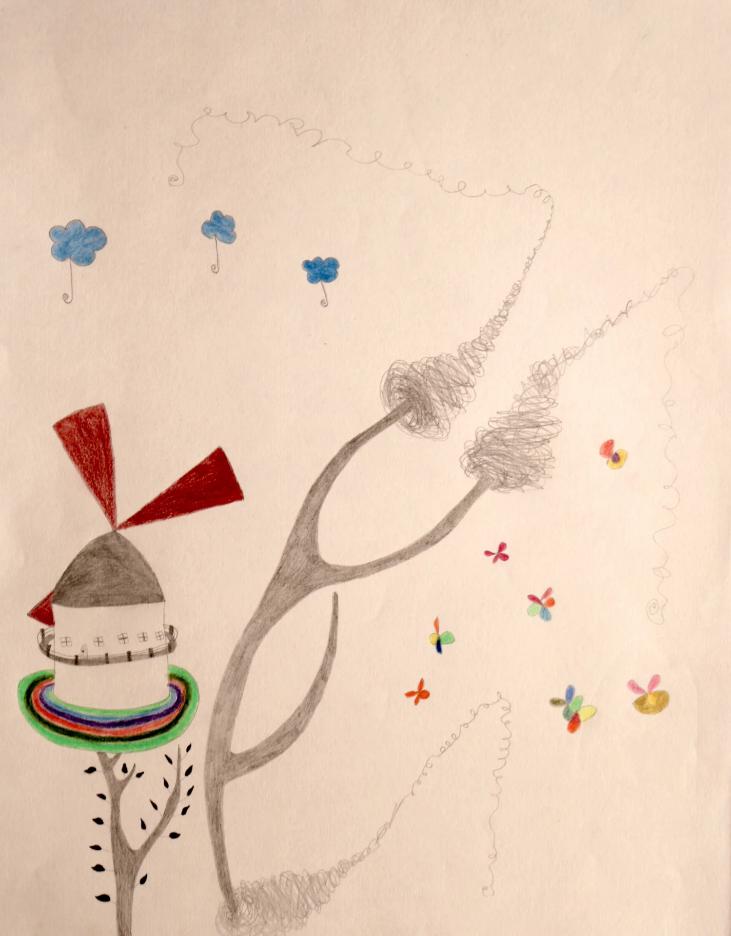 Skizze mit Vogelhaus (2012) Bleistift und Buntstift auf Papier, ca  30x-40cm  (Bild vergr&ouml;&szlig;ern)
