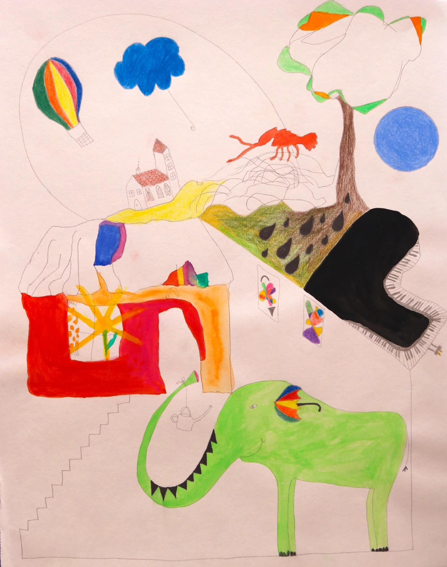 Zeichnung, Musik und Tiere Skizze (2012) Buntstift, Bleistift und Tusche auf Papier, ca  30x40cm  (Bild vergr&ouml;&szlig;ern)