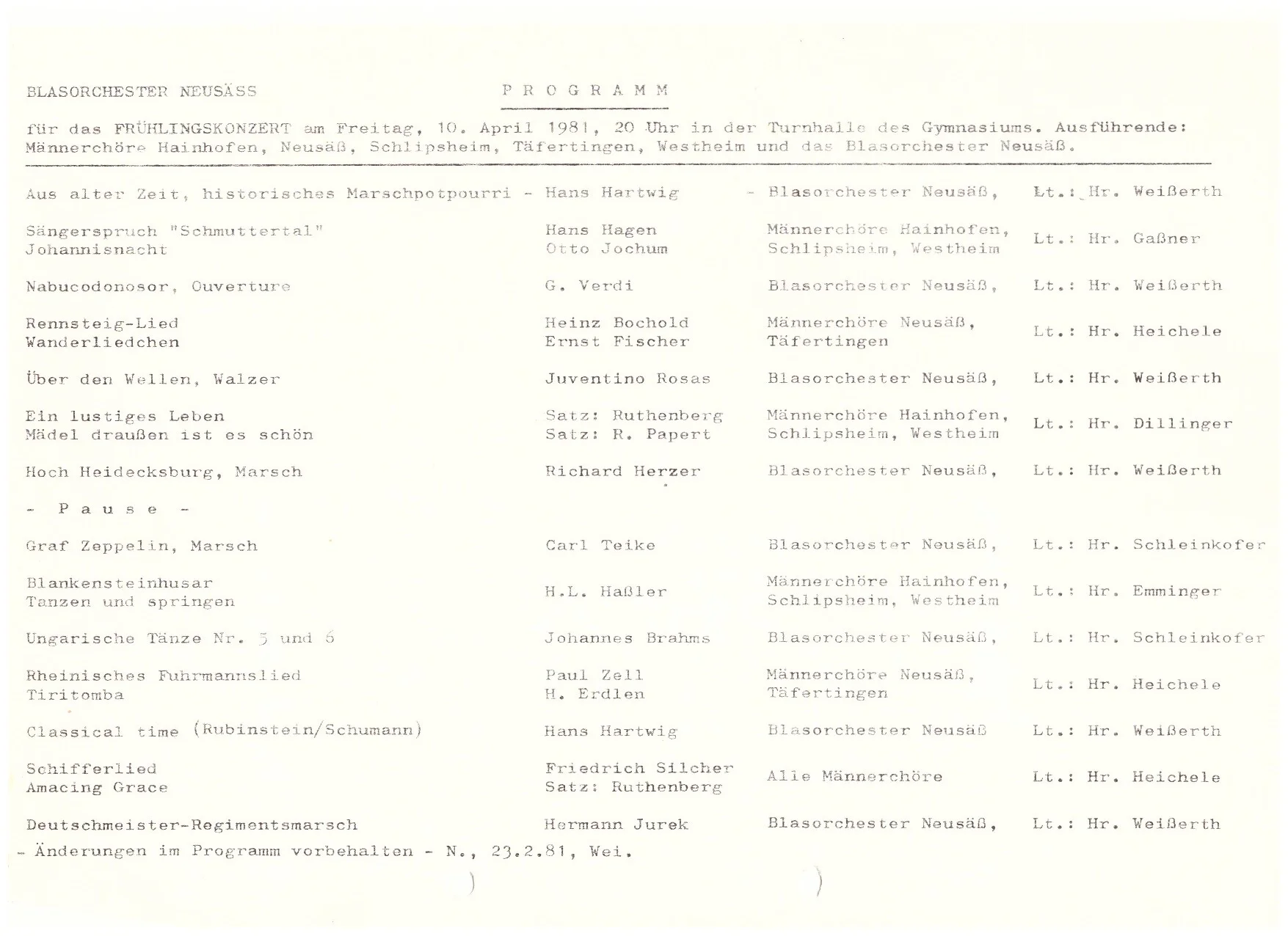 Bild: 1981 Programm Frühjahrskonzert