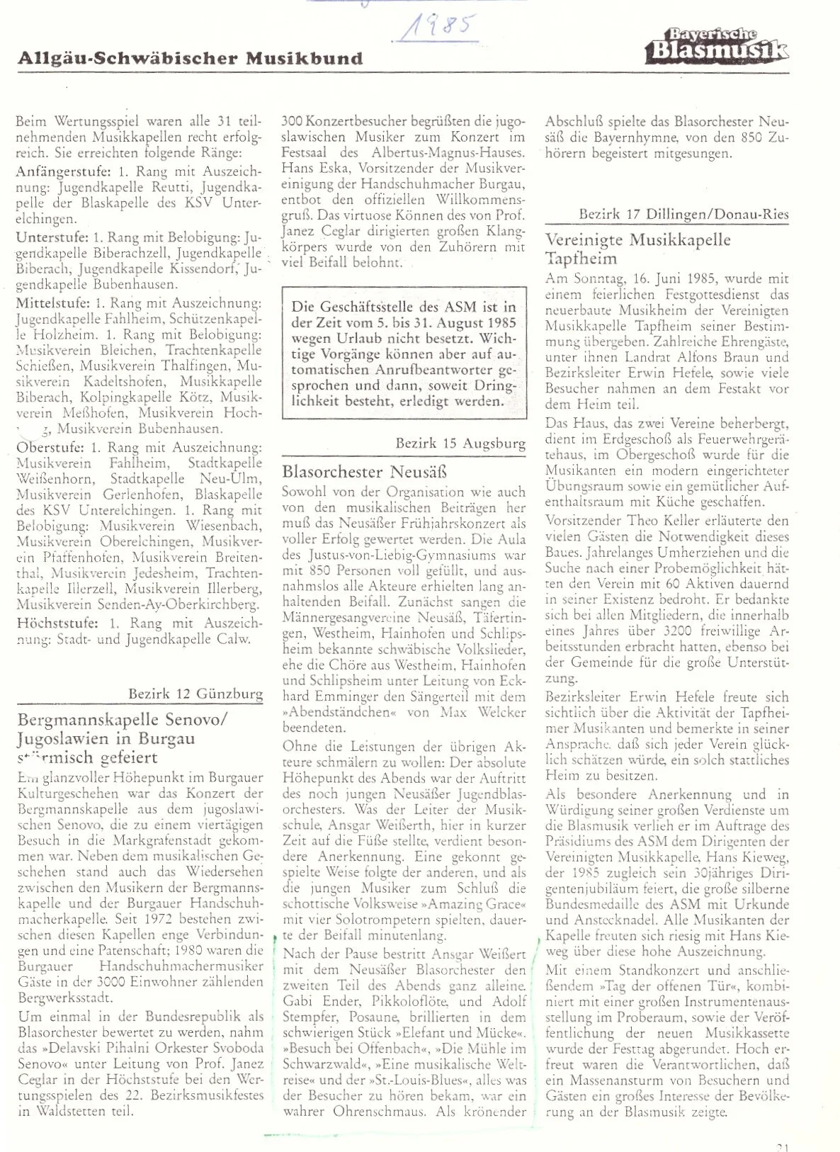 Bild: 1985 ASM Bericht Frühjahrskonzert