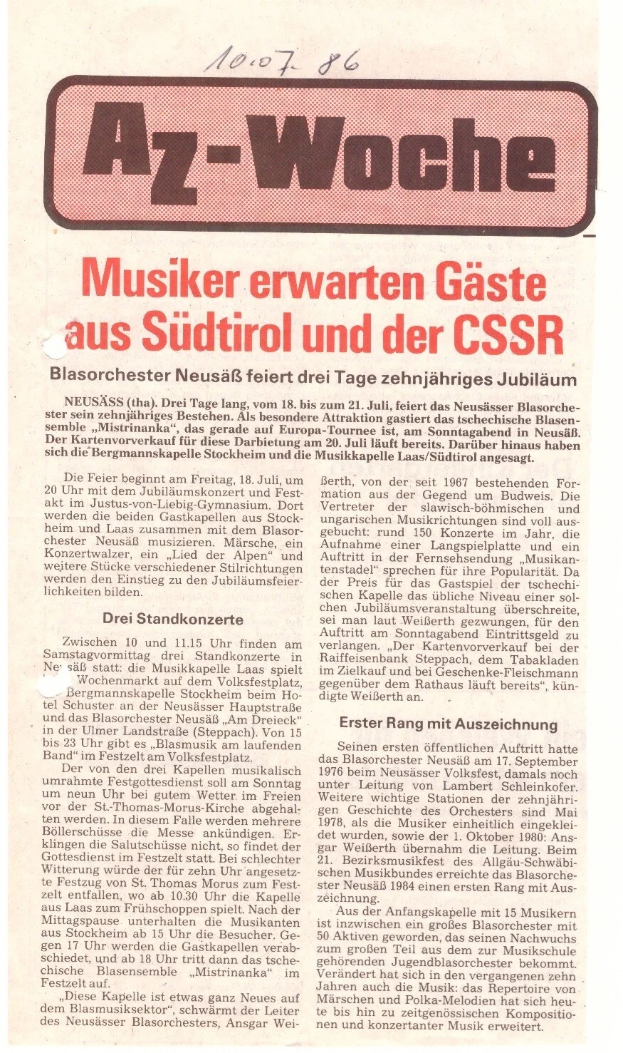 Bild: 1986 Ankündigung AZ 10-jähriges Jubiläum