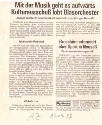 Vorschaubild: 1987 AZ über Bericht vor Kulturausschuß
