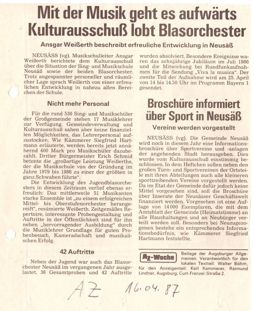 Bild: 1987 AZ über Bericht vor Kulturausschuß