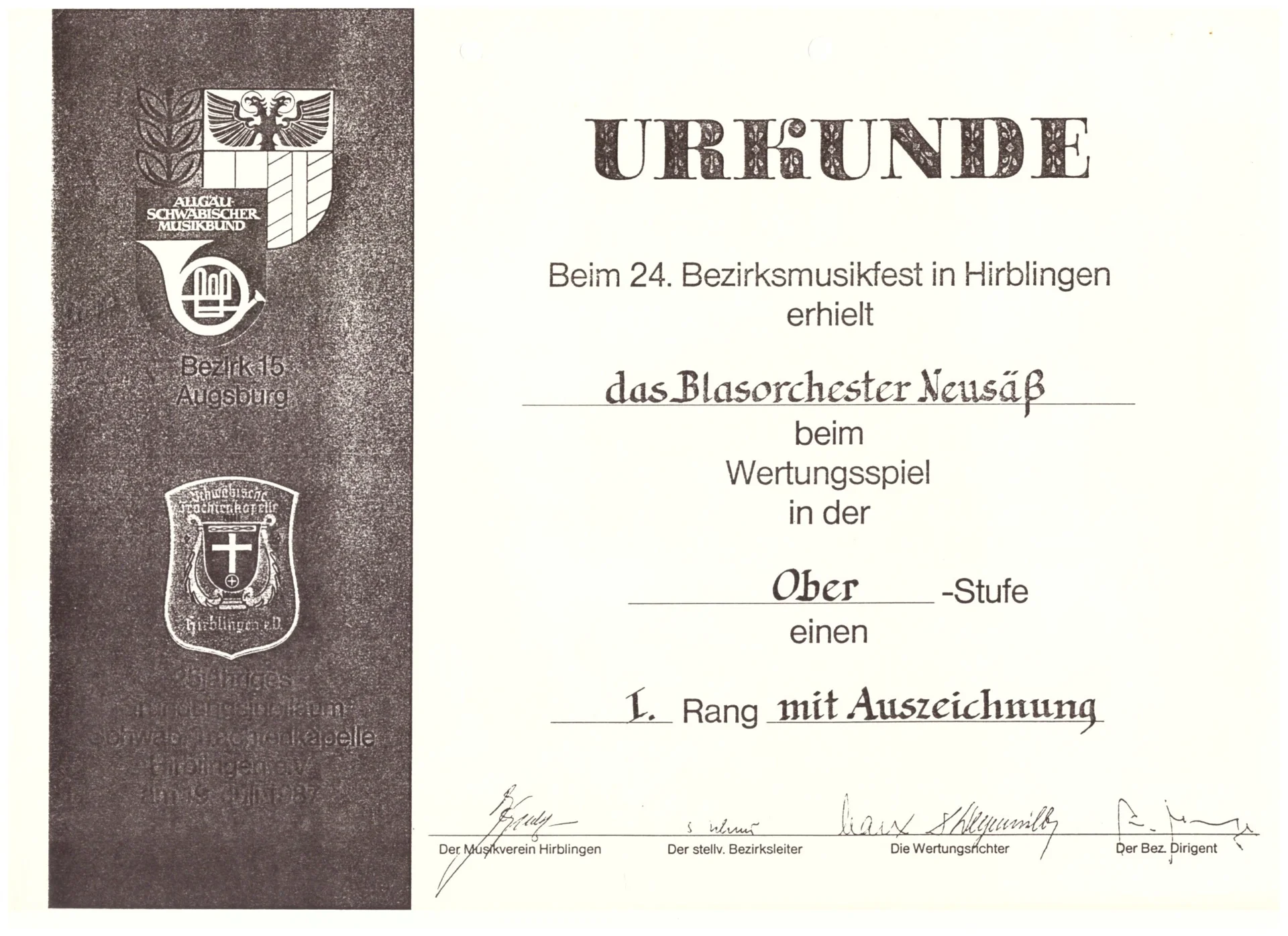 Bild: 1987 Urkunde Wertungsspiel
