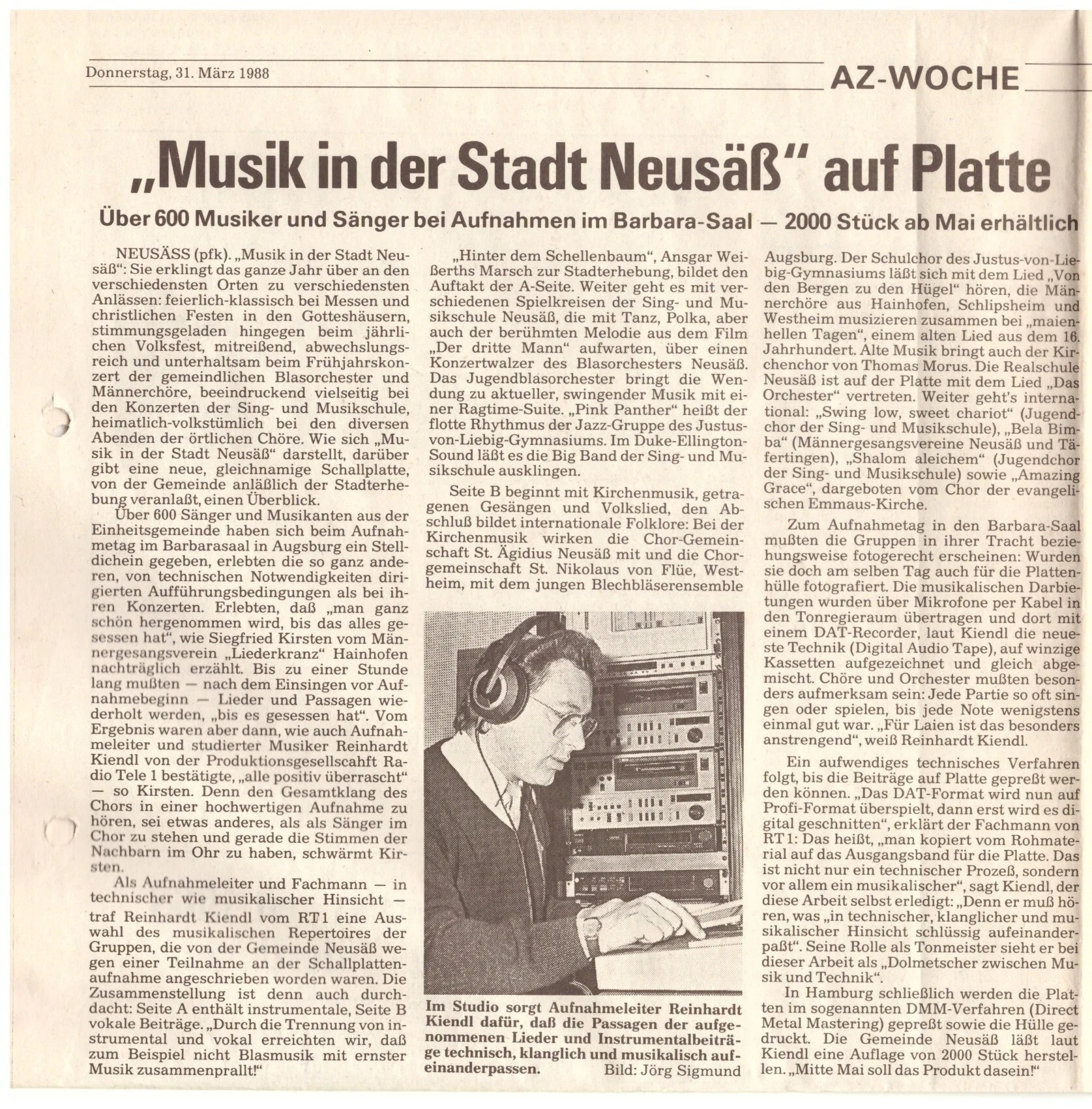 Bild: 1988 AZ Bericht Schallplattenaufnahme