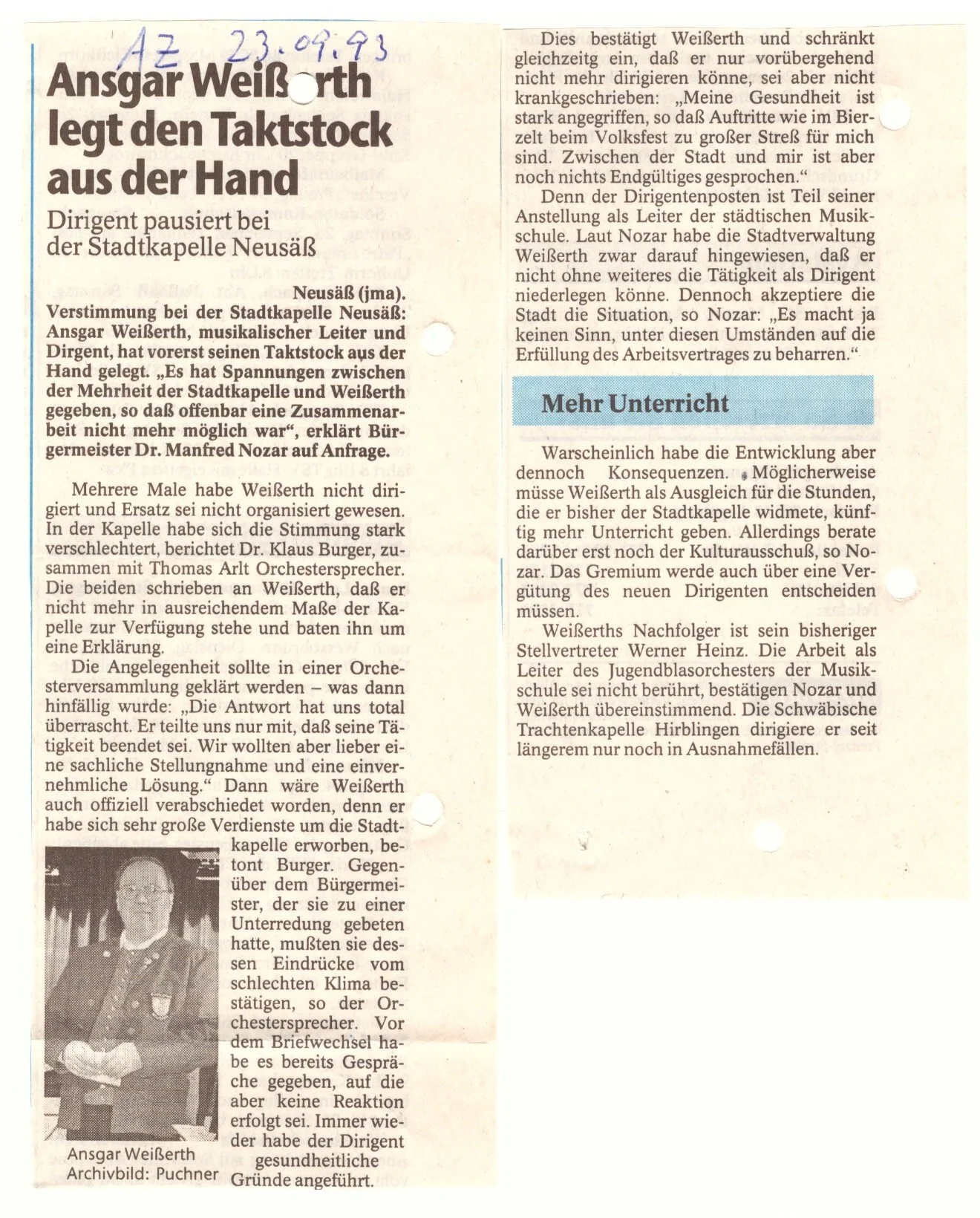 Bild: 1993 AZ Bericht Weißerth hört auf