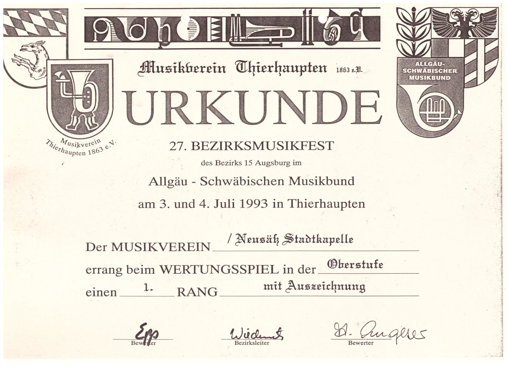 Bild: 1993 Wertungsspiel Urkunde