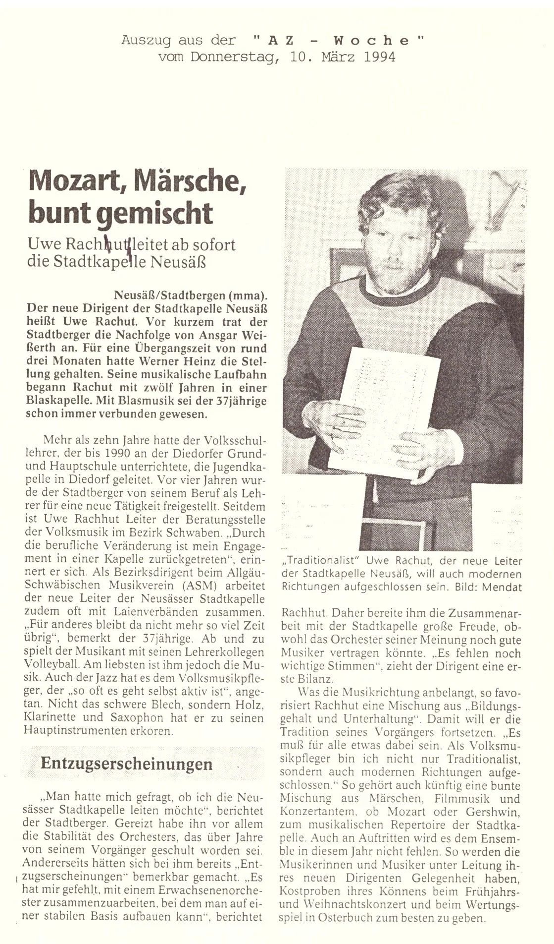 Bild: 1994 AZ Bericht Rachut neuer Dirigent