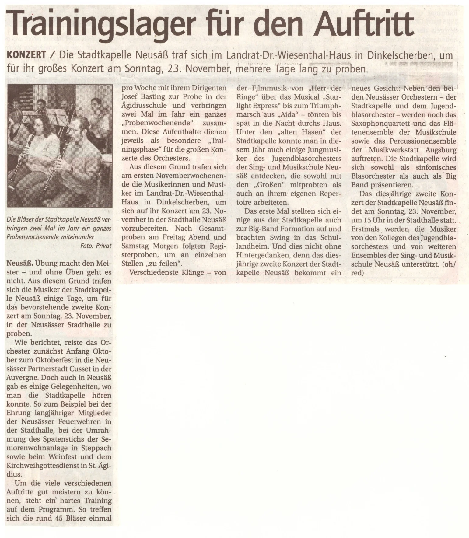 Bild: 2003 Stadtzeitung Bericht Probenwochenende Herbstkonzert