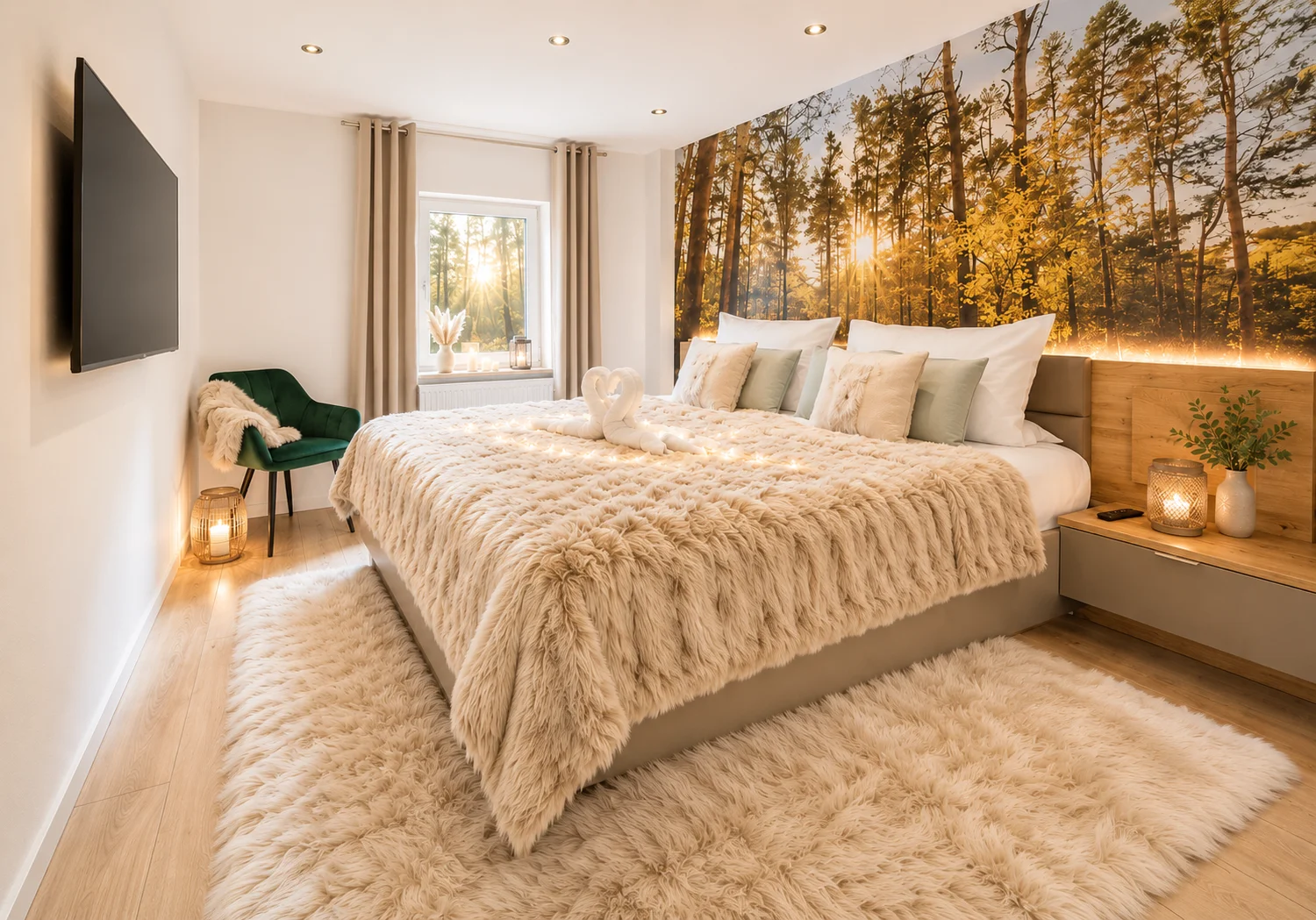 Kuschelschlafzimmer, gro&szlig;es Doppelbett 1,80 x 2 m, Kopf- und Fu&szlig;enden manuell verstellbar Waldwandbild &uuml;ber dem Bett Flat-Screen TV mit Netflix Jalousien elektrisch mit Fliegenrollo Verdunklungs-Vorh&auml;nge schwebende Nachttische mit LED Beleuchtung verschiedene Kopfkissen mit Hygienebez&uuml;gen Betten fertig bezogen offenes Ankleidezimmer gro&szlig;er Schrank Ankleide-Stuhl stummer Diener Schmuckregal M&ouml;beltresor ohne Haftung bei Nutzung  (Bild vergr&ouml;&szlig;ern)