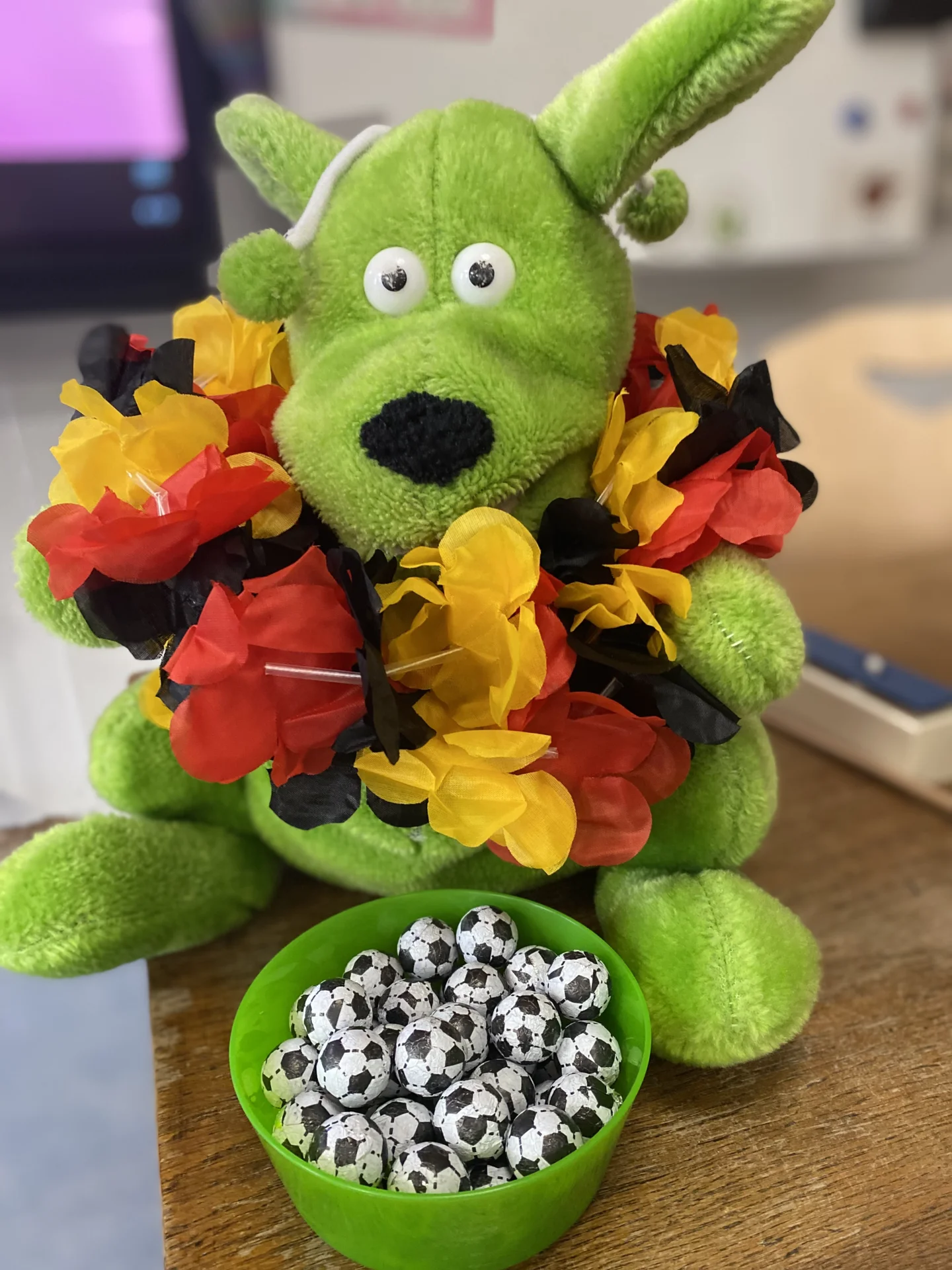 Kari im Fu&szlig;ballfieber! ⚽🏆 Unser Klassenmaskottchen Kari ist bereit f&uuml;r die WM und dr&uuml;ckt seiner Lieblingsmannschaft fest die Daumen. Die Fu&szlig;ballstimmung hat auch unser Klassenzimmer erfasst! 