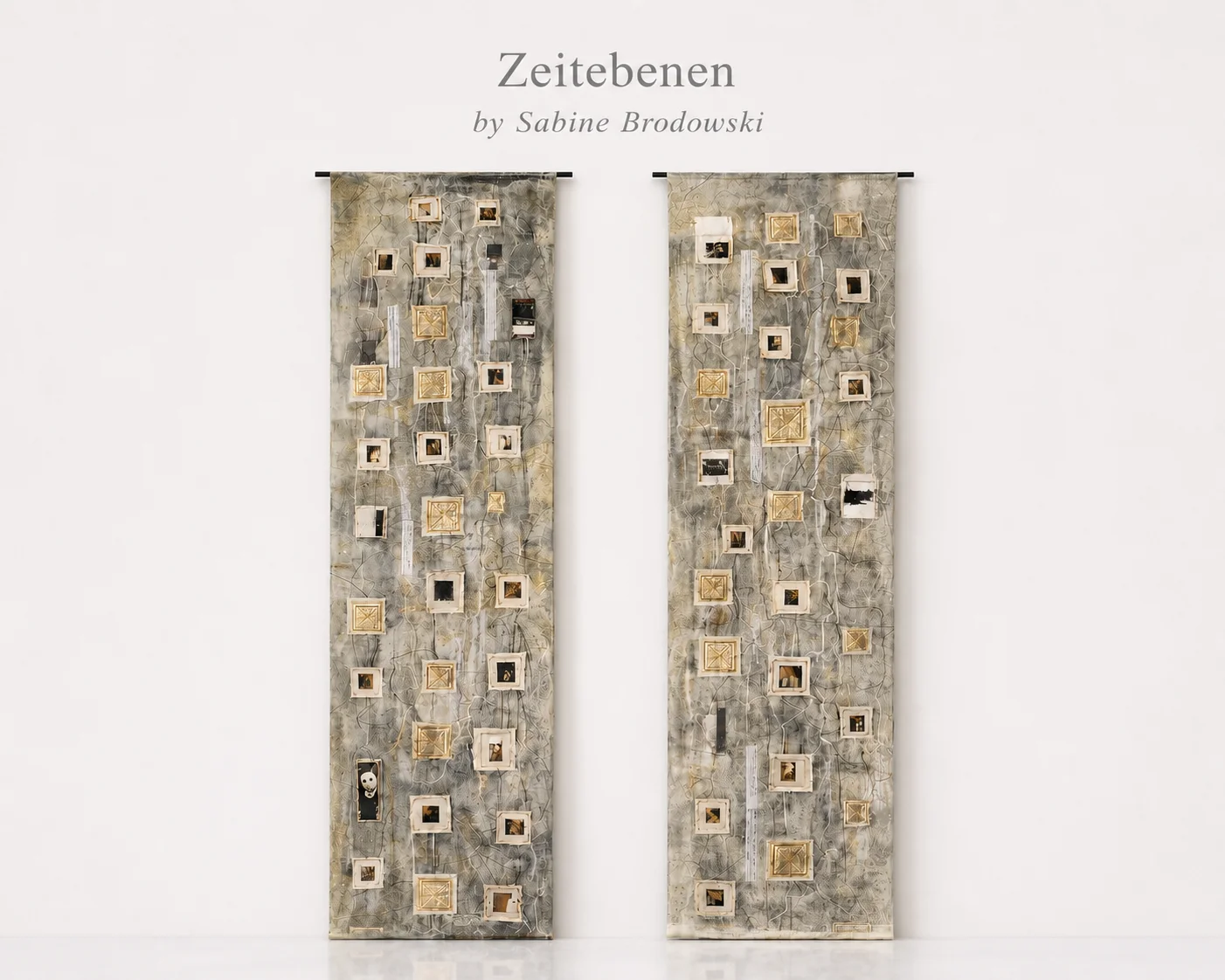 Zeitebenen &ndash; Textile Erinnerungsst&uuml;cke:   Vergangenheit und Gegenwart verweben sich zu stillen Spuren von Erinnerung und Zeit. Schichtungen, Fragmente und eingen&auml;hte Fotografien erz&auml;hlen von N&auml;he, Wandel und dem, was bleibt. Material: Textile Planen, Acryl, Goldfolie, Filz, Textilien, Fotografien, N&auml;hte  (Bild vergr&ouml;&szlig;ern)