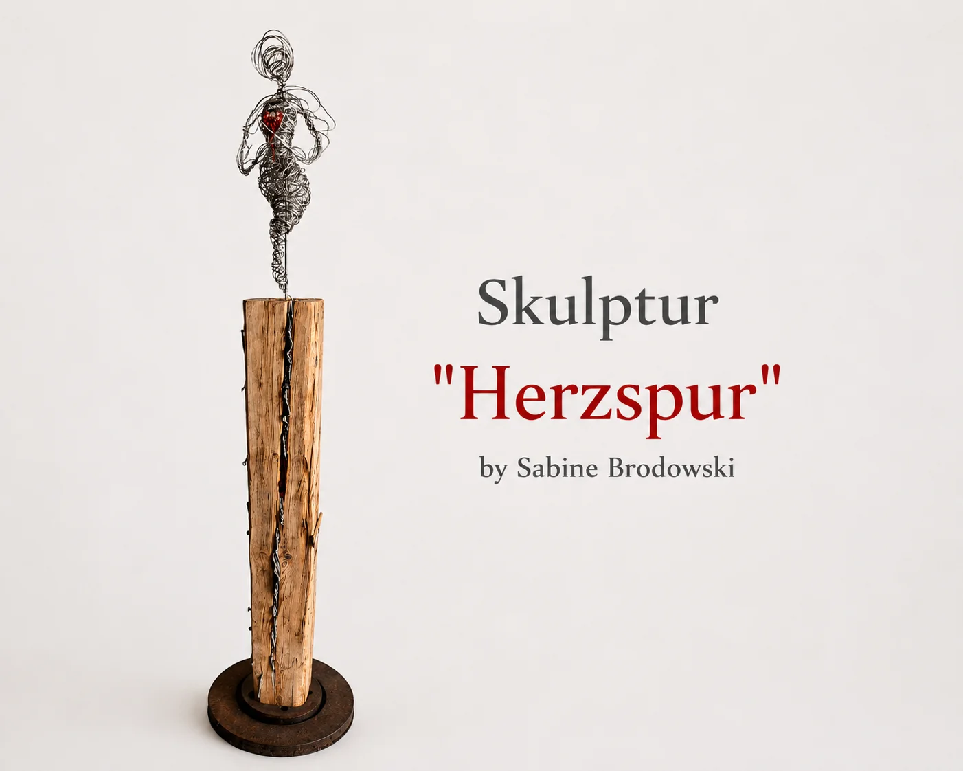 Skulptur &bdquo;Herzspur&ldquo;:  Diese Skulptur erinnert an die Verbindung zum eigenen Herzen &ndash; als Quelle von Leben, Kraft und Verantwortung. Ein feiner Draht zwischen Verletzlichkeit und innerer St&auml;rke. Material: Abbruchbalken, Metall, Draht, gefilzte Wolle, N&auml;gel  (Bild vergr&ouml;&szlig;ern)