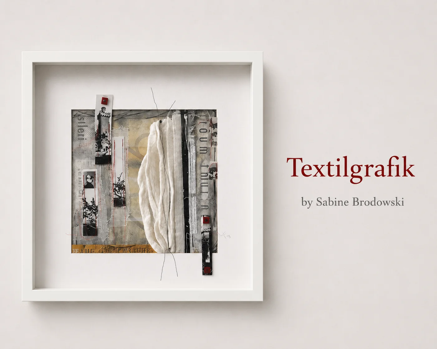 Textilgrafik:  Textile Schichten, Fragmente und Strukturen erz&auml;hlen vom Wandel der eigenen Heimatstadt Apolda. Der Bismarckturm erscheint dabei als stille Erinnerung zwischen Vergangenheit und Gegenwart. Material: Textile Planen, Acryl, Fotofragmente, gefilzte Wolle, Draht, N&auml;gel, F&auml;den  (Bild vergr&ouml;&szlig;ern)