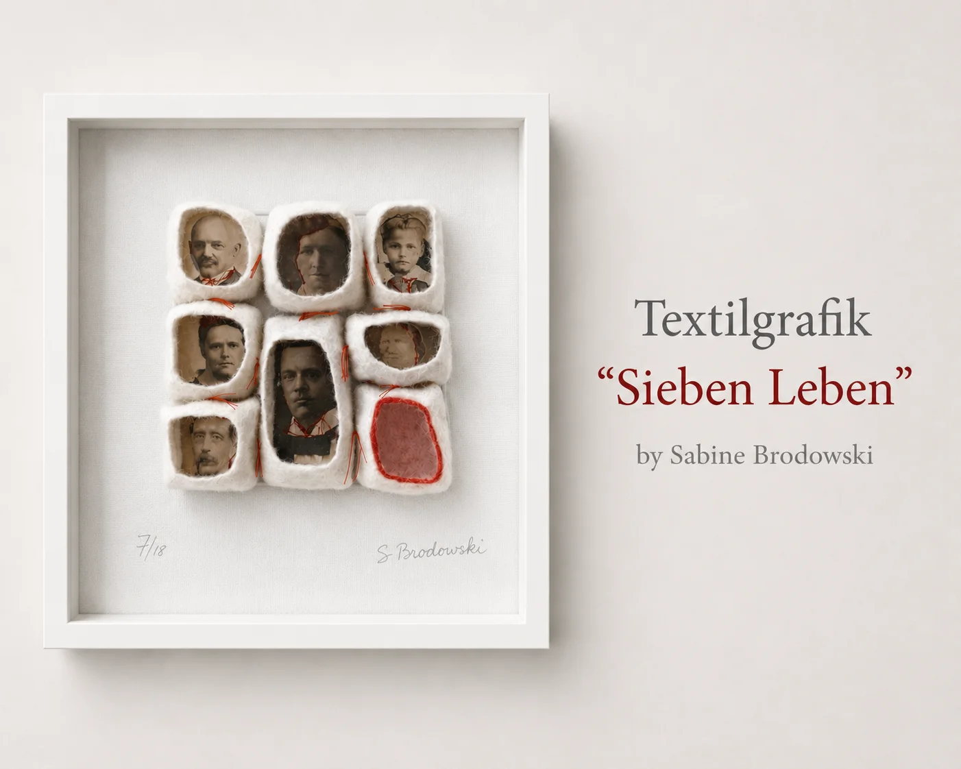 Textilgrafik &bdquo;Sieben Leben&ldquo;  Diese Textilgrafik erz&auml;hlt von famili&auml;ren Spuren und Erinnerungen &uuml;ber sieben Generationen hinweg. Ein pers&ouml;nliches Werk, das sich individuell gestalten l&auml;sst. Material: Gefilzte Wolle, Fotofragmente, F&auml;den  (Bild vergr&ouml;&szlig;ern)