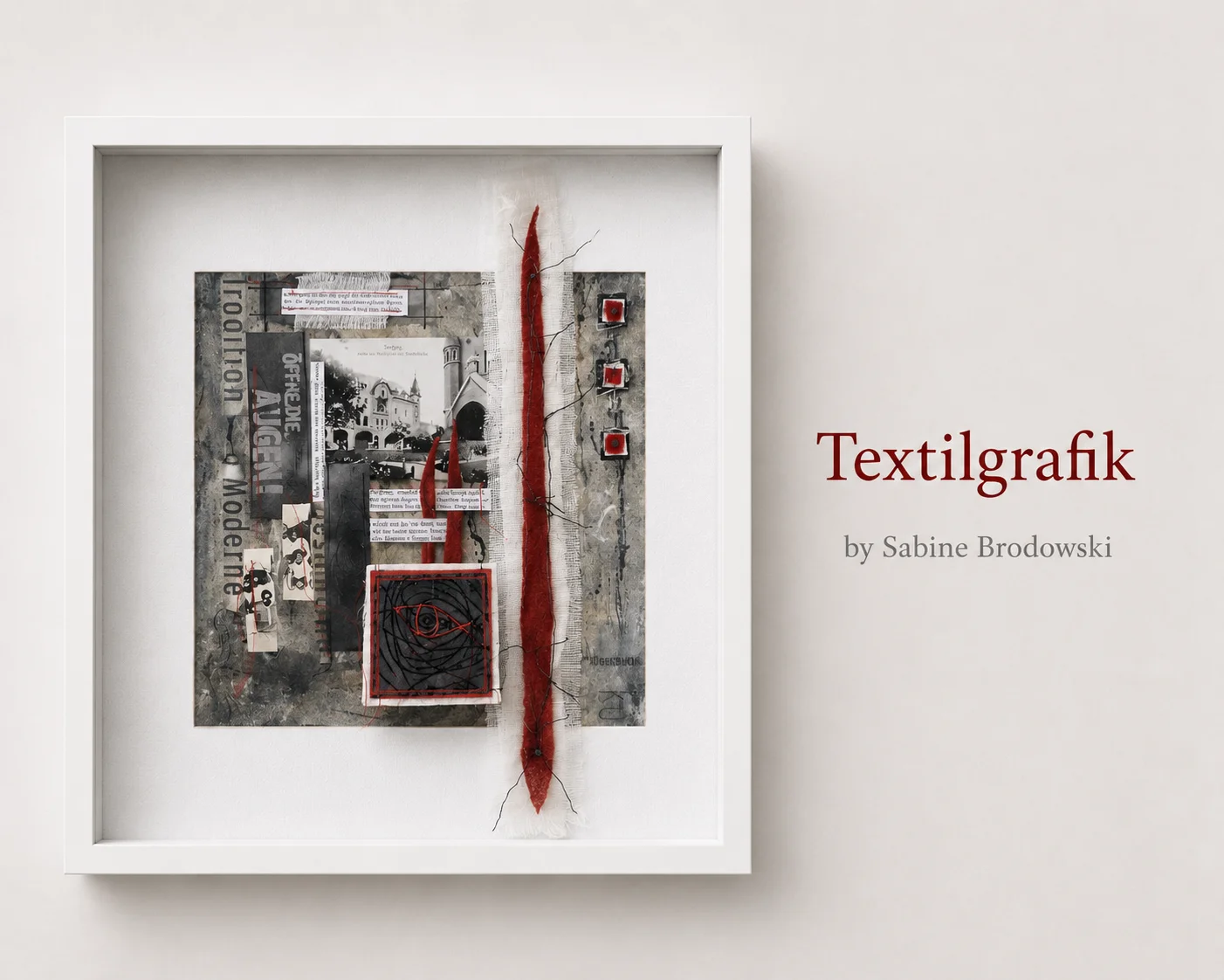 Textilgrafik:  Diese Textilgrafik kn&uuml;pft an die Geschichte der Heimatstadt Apolda an. Mit offenen Augen und Herzen die eigene Stadt neu entdecken. Material: Textile Planen, Foto- & Textfragmente, Acryl, Mull, Goldfolie, gefilzte Wolle, N&auml;gel, Draht, F&auml;den  (Bild vergr&ouml;&szlig;ern)