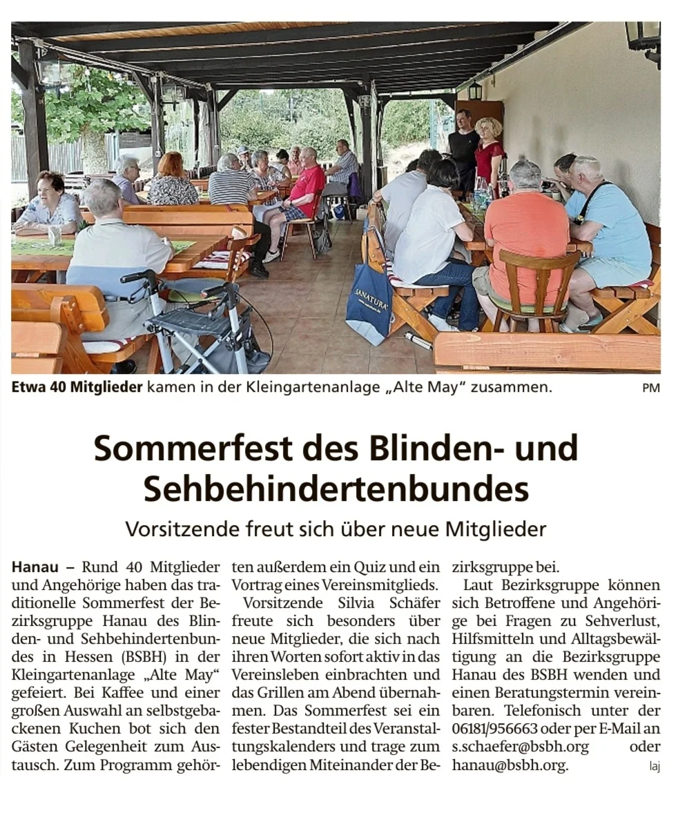 Zur Galerie: Bericht im Hanauer über Sommerfest des Blindenbundes in der Alten May am 18. Juli 2026.