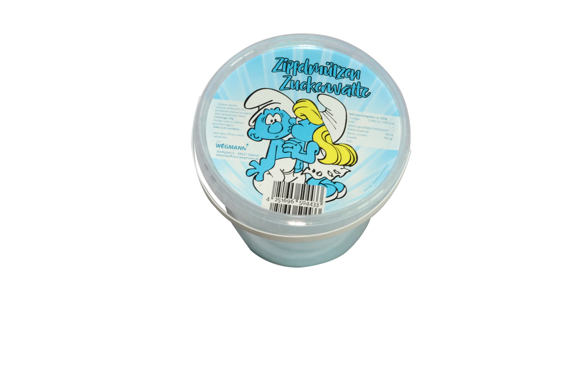 Zur Galerie: Zuckerwatte | Blaue Zipfelmützen Zuckerwatte im Eimer | Heidelbeergeschmack