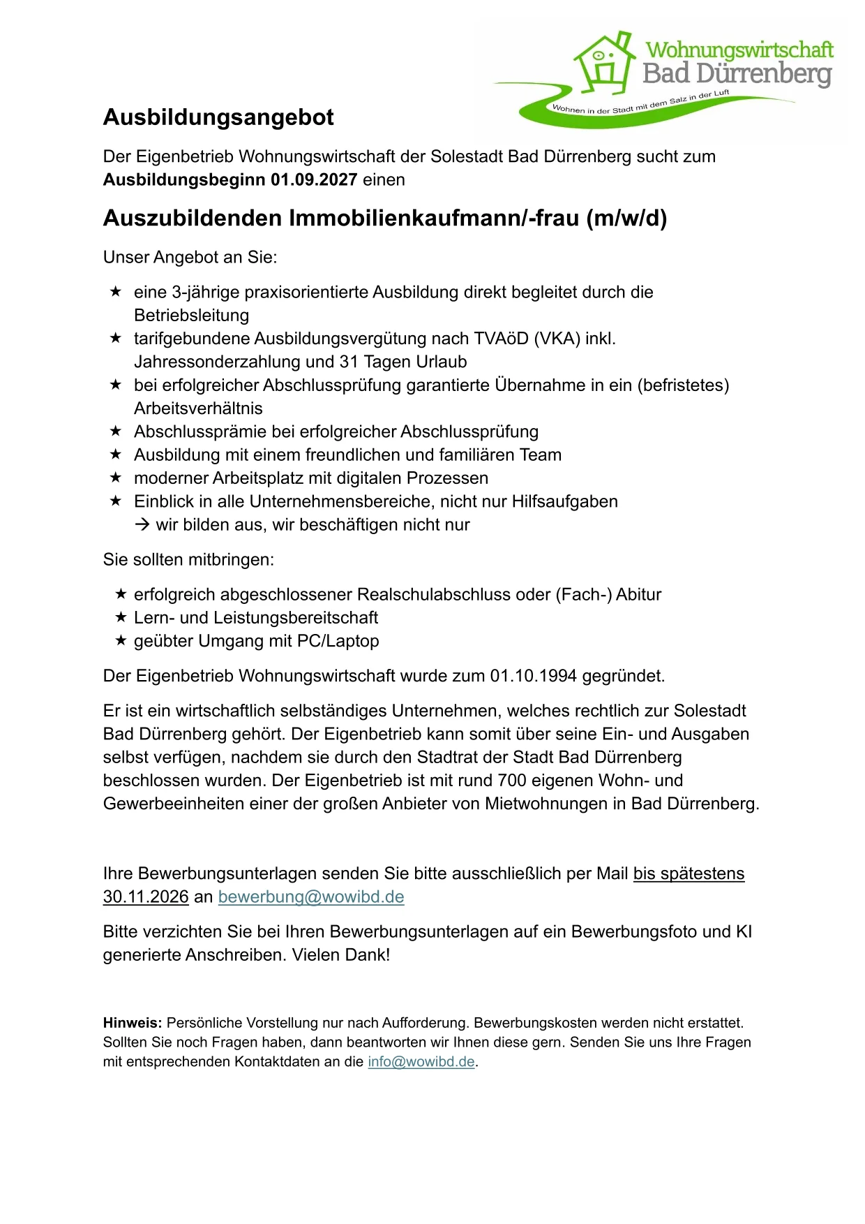 Ausbildungsangebot Immobilienkaufmann
