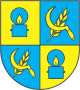 Blasonierung: Schild geviert, 1 und 4 in Gold eine blaue Grubenlampe mit goldener Flamme, 2 und 3 in Blau gekreuzt eine goldene Ähre und Sichel.