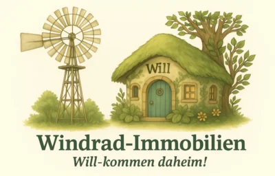 Logo Windrad-Immobilien Will mit Windrad, Haus und Baum