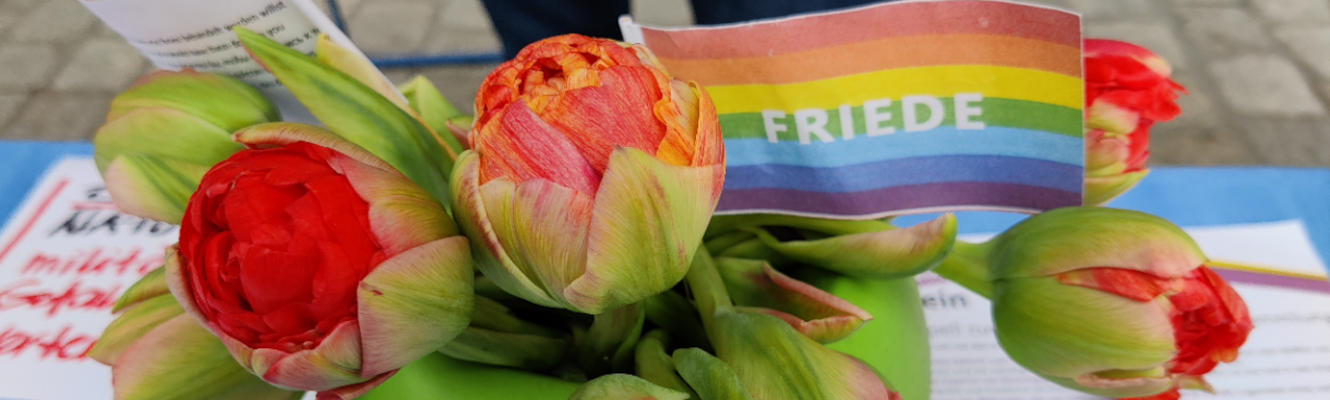 Regenbogenfahne mit "Friede"-Aufschrift und rote Blumen auf dem Infotisch des HFRS