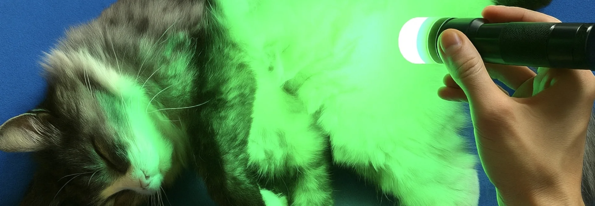 Farblichtanwendung mit grünem Licht am Bauch einer Katze