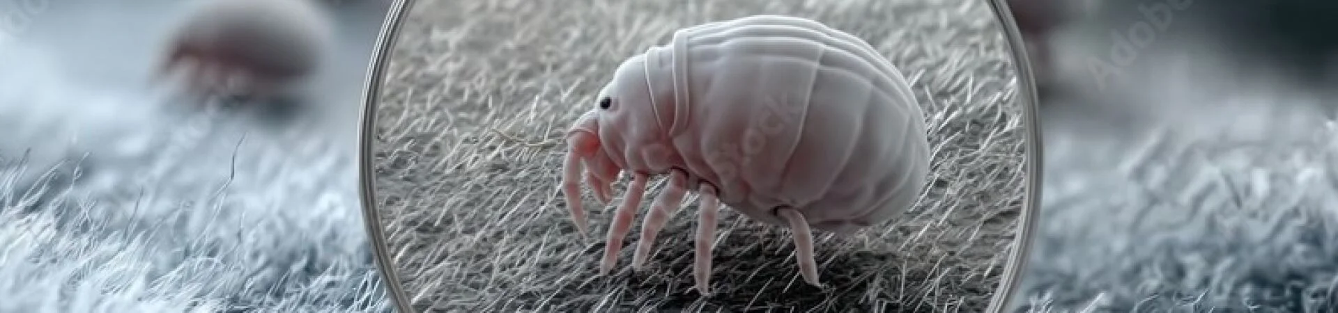 Nahaufnahme einer Hausstaubmilbe unter einer Lupe – Symbol für Hausstauballergie und unsichtbare Allergieauslöser im Alltag.