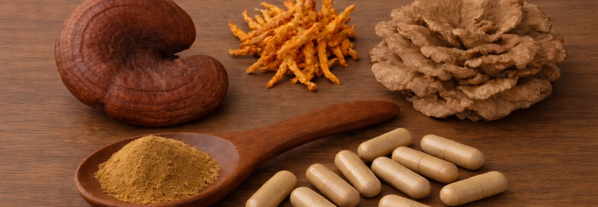 Vitalpilze als ganzer Pilz im Hintergrund: Reishi, Cordyceps, Maitake, ein Löffel mit Vitalpilzpulver mittig, immVordergrund Vitalpilzkapseln