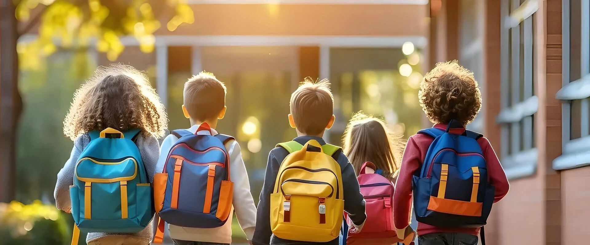 Foto: Fünf Kinder mit bunten Rucksäcken gehen zusammen zur Schule