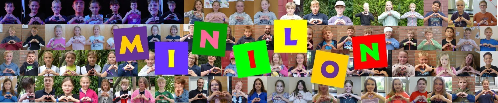 Eine Collage mit ganz vielen Kindern und Teamern, die mit ihren Fingern ein Herz formen und davor steht der Minilon-Schriftzug