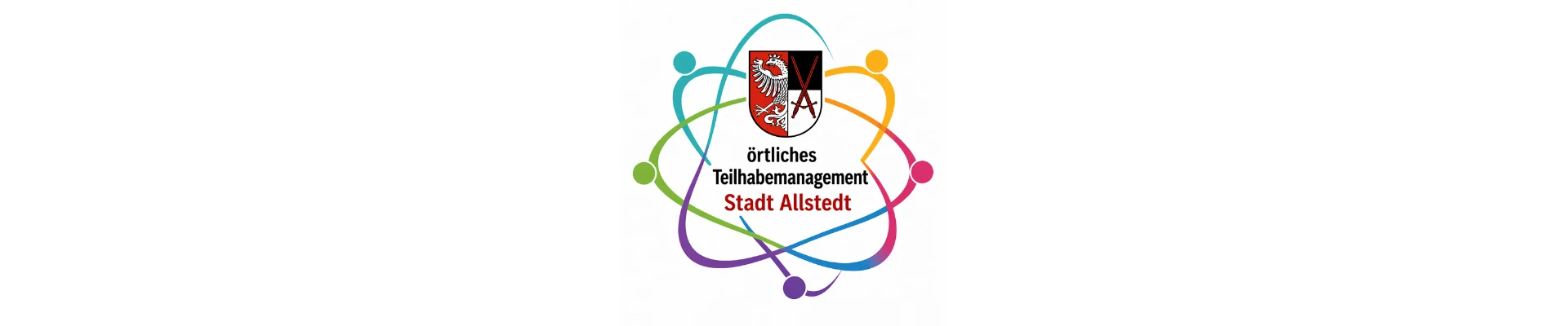 Das Banner zeigt ein zentrales Logo mit einem Wappen und dem Text „örtliches Teilhabemanagement Stadt Allstedt“. Um das Logo herum verlaufen farbige, geschwungene Linien mit kleinen Kreisen, die an vernetzte Menschen oder Zusammenarbeit erinnern.