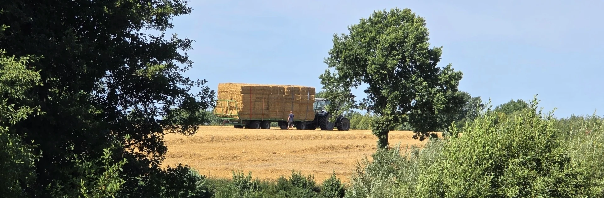 Strohwagen auf Stoppelfeld in Landschaft