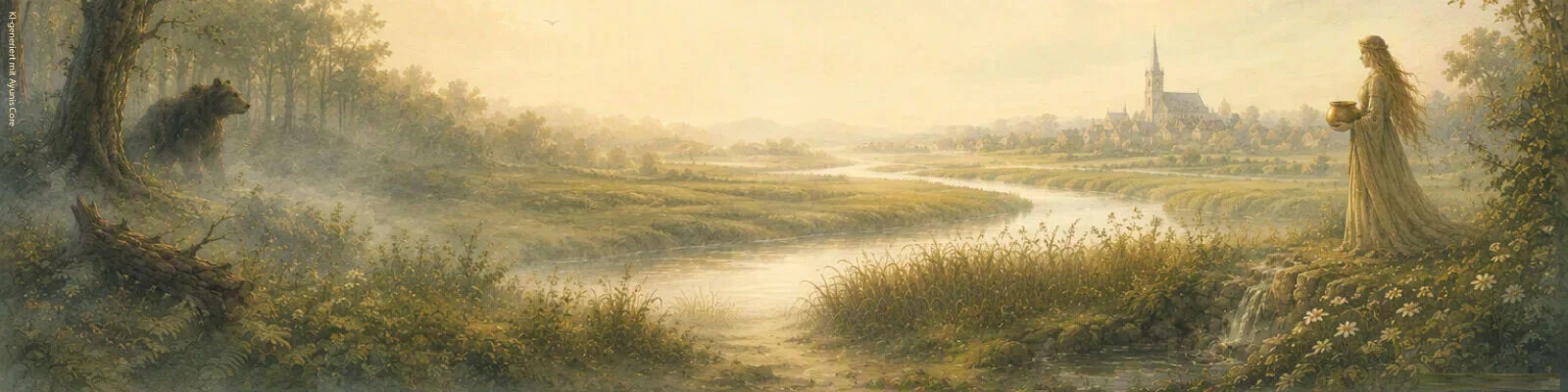 Mystische Landschaft mit Blick auf Marlow, einem Bären am Waldrand und einer sagenhaften Frauengestalt am Fluss.