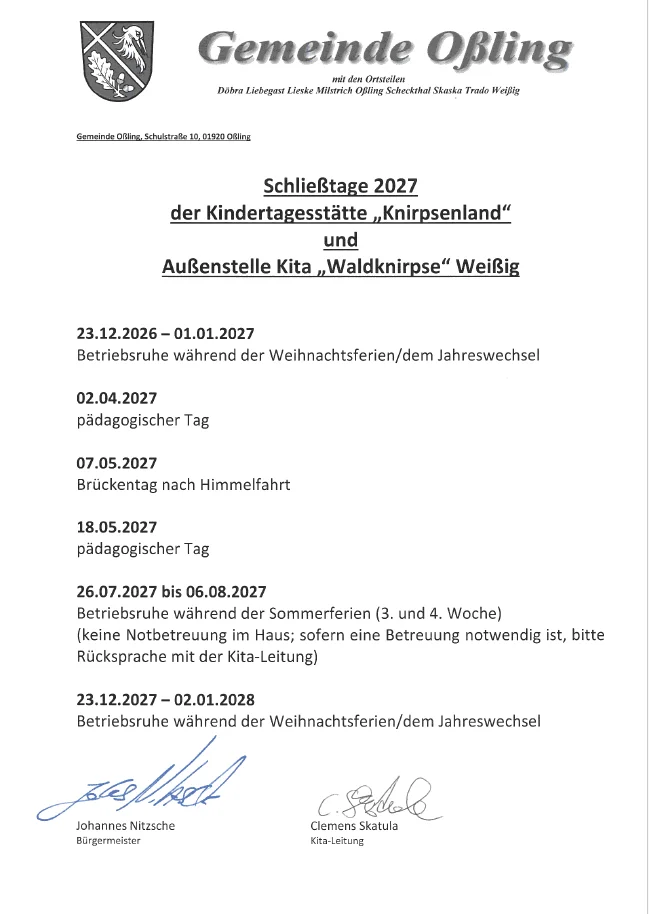 Schließzeiten 2027